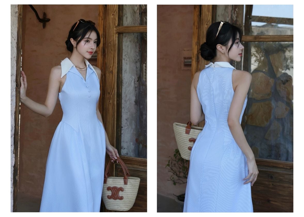 Người mẫu mặc Đầm dài xòe sát nách - D3980T