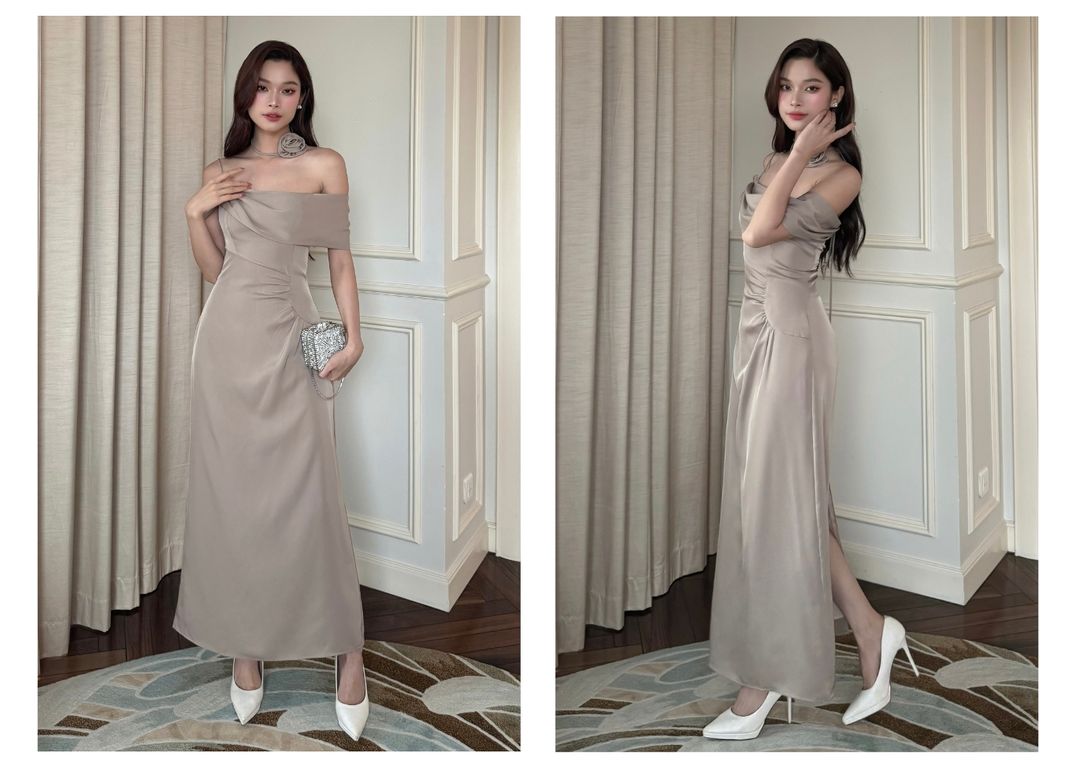Người mẫu mặc Đầm dự tiệc dài dáng suông - D3936T