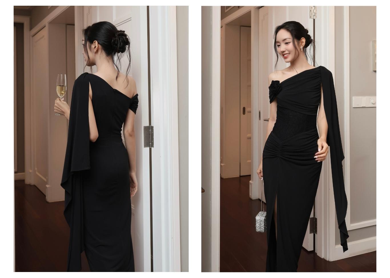 Người mẫu mặc Đầm dự tiệc dài lệch vai xẻ tà - D4269B