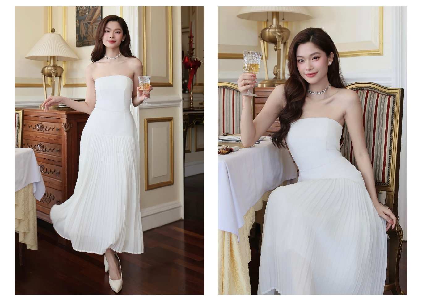 Người mẫu mặc Đầm dự tiệc dài phối voan xếp ly - D1749 màu trắng