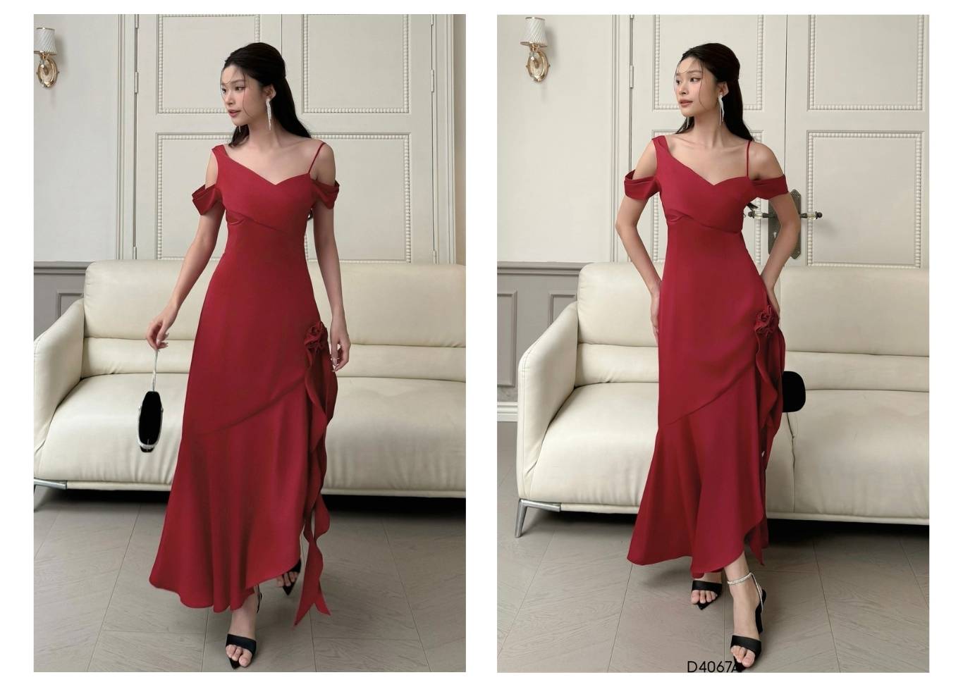 Người mẫu mặc Đầm dự tiệc dài xẻ đùi hoa vải - D4067A màu đỏ