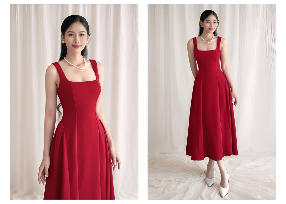 Người mẫu mặc Đầm dự tiệc dài xòe 2 dây - D3992A màu đỏ