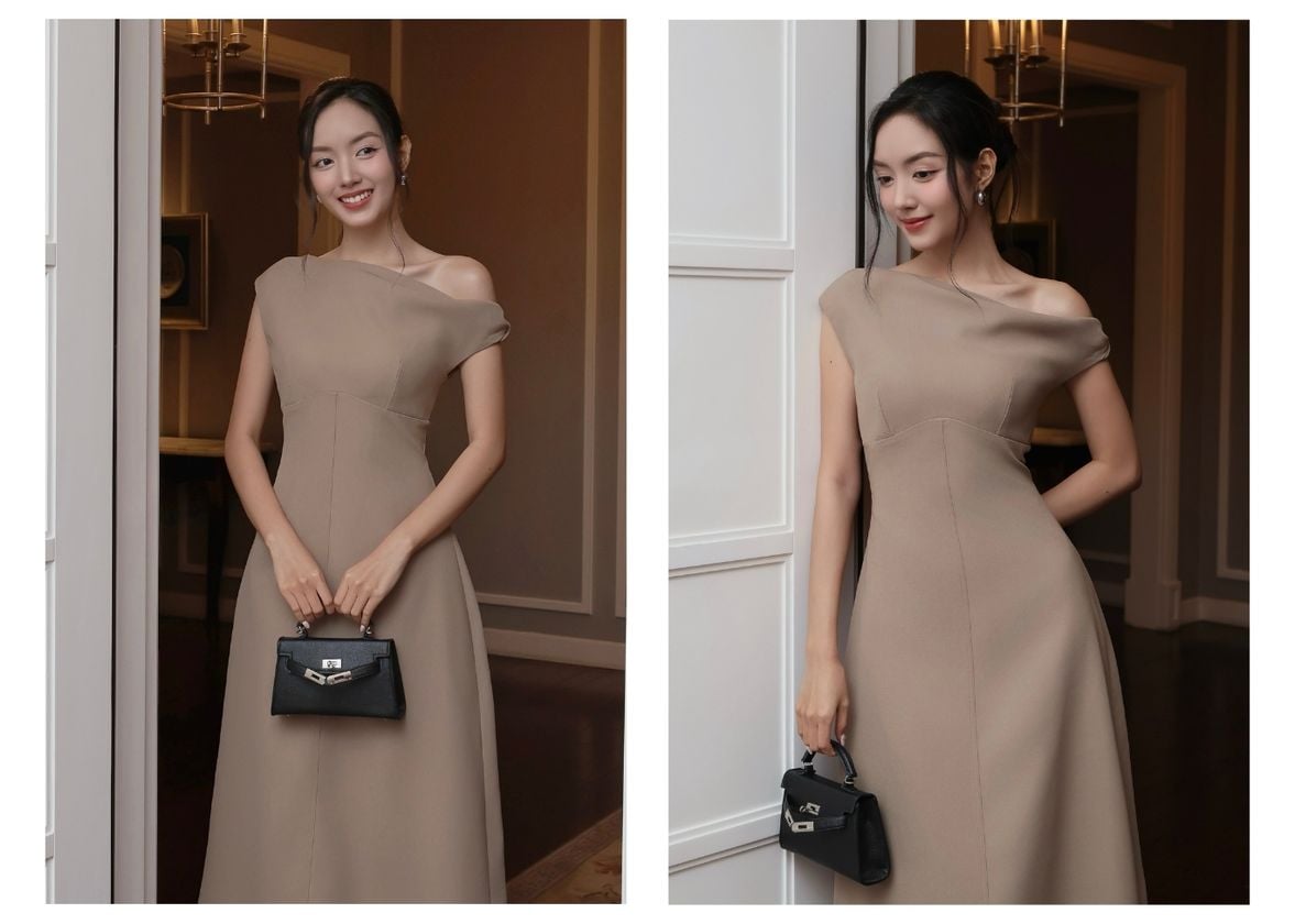 Người mẫu mặc Đầm dự tiệc dài xòe chữ A - D4272A
