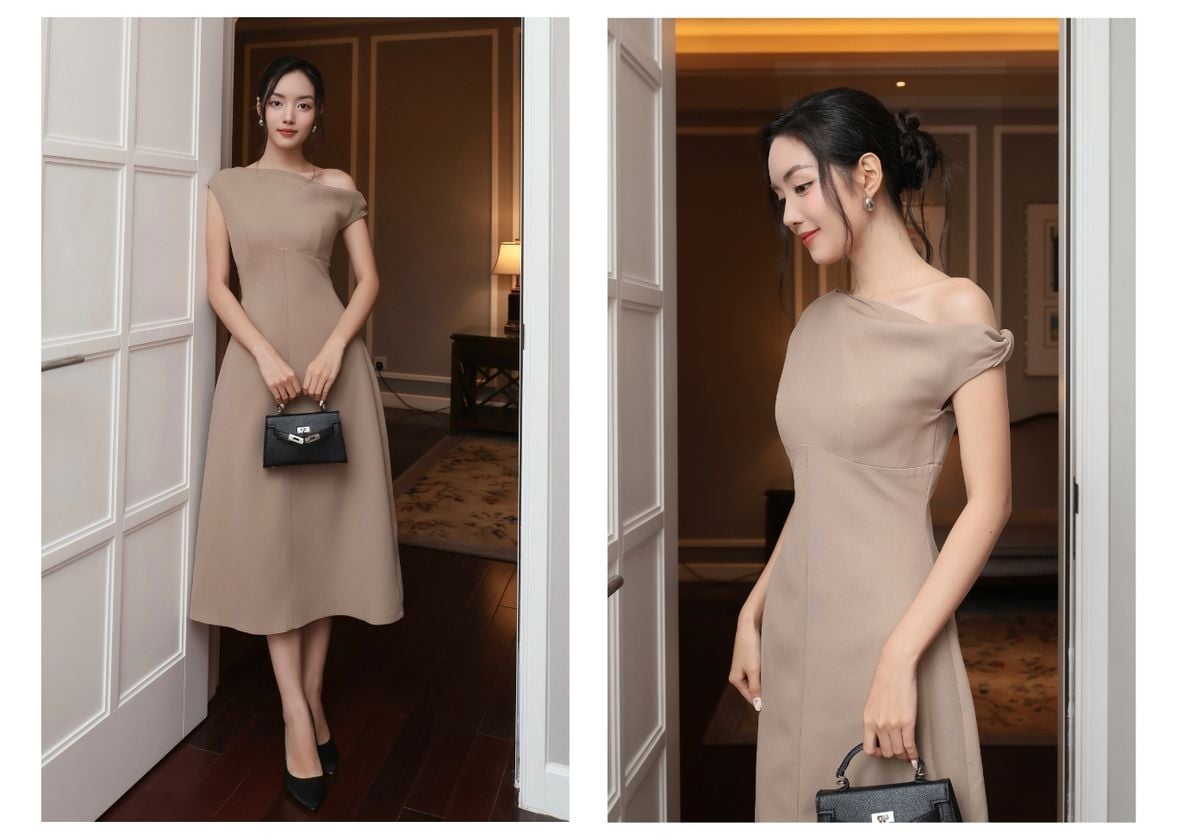 Người mẫu mặc Đầm dự tiệc dài xòe chữ A - D4272A