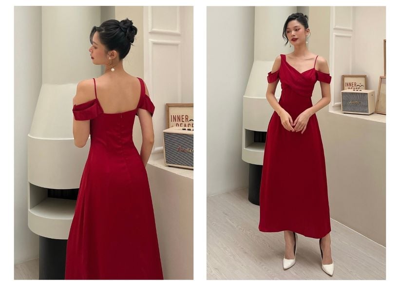 Người mẫu mặc Đầm dự tiệc lụa xòe lệch vai - D1293 đỏ