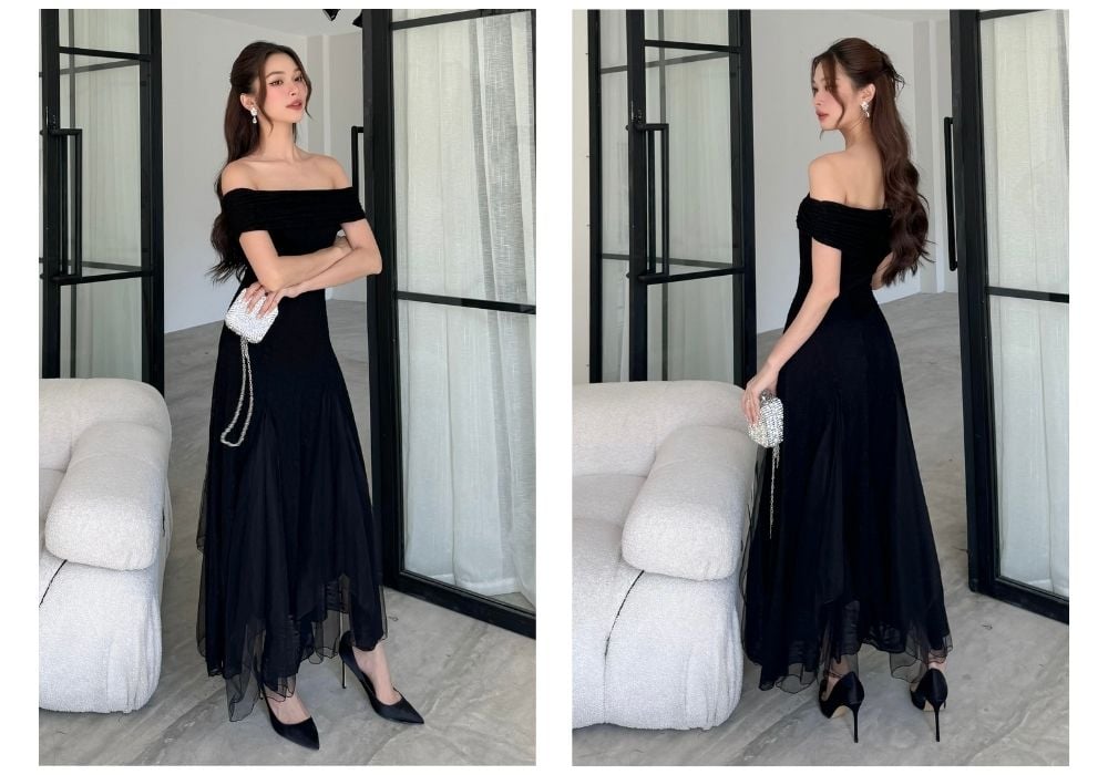 Người mẫu mặc đầm dự tiệc trễ vai form dài - D3446