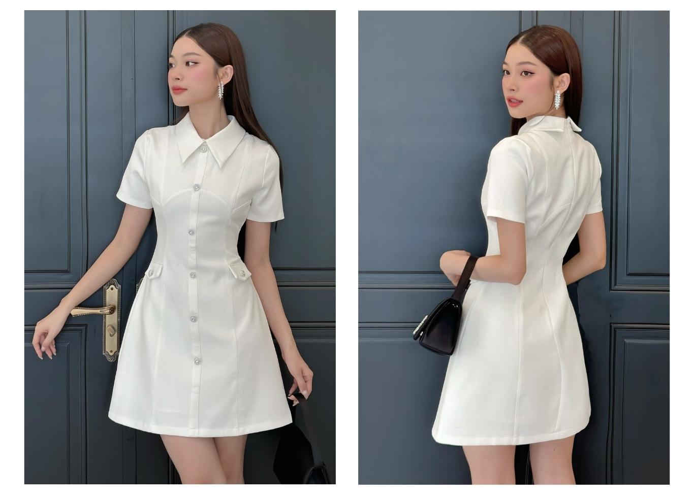 Người mẫu mặc Đầm ngắn công sở phối cổ sơ mi - D3682A màu trắng