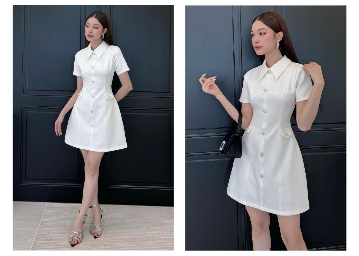 Người mẫu mặc Đầm ngắn công sở phối cổ sơ mi - D3682A màu trắng