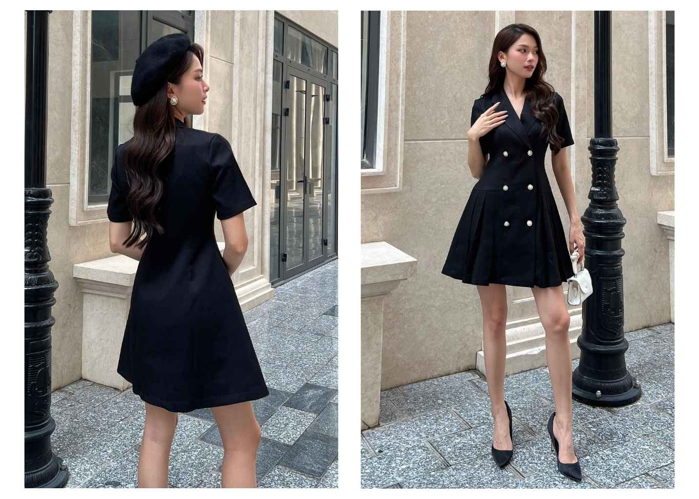 Người mẫu mặc Đầm sơ mi xếp ly phối cổ vest - D2404 màu đen