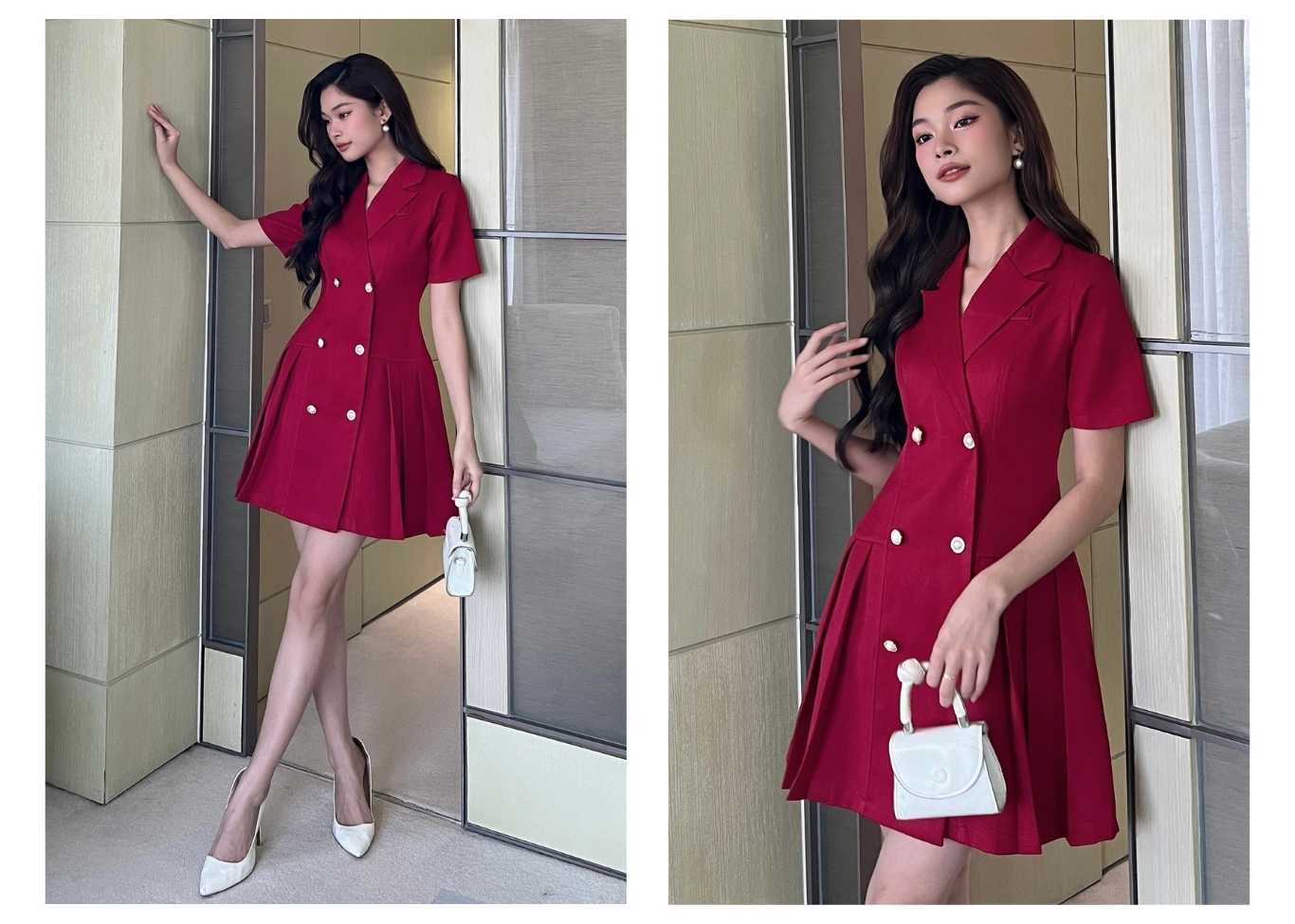 Người mẫu mặc Đầm sơ mi xếp ly phối cổ vest - D2404 màu đỏ