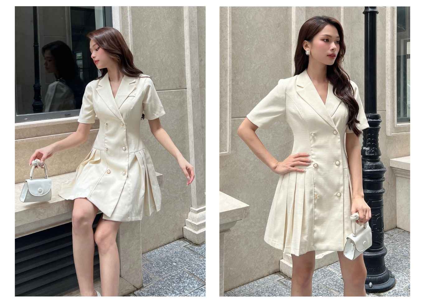 Người mẫu mặc Đầm sơ mi xếp ly phối cổ vest - D2404 màu kem