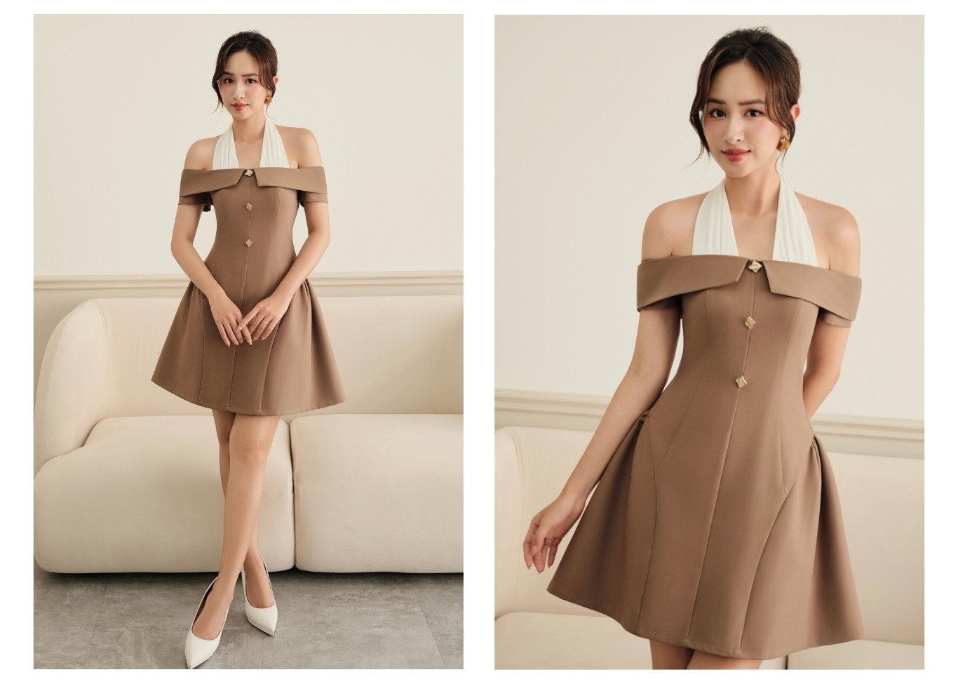 Người mẫu mặc Đầm tiệc ngắn phối dây cổ yếm - D3884B