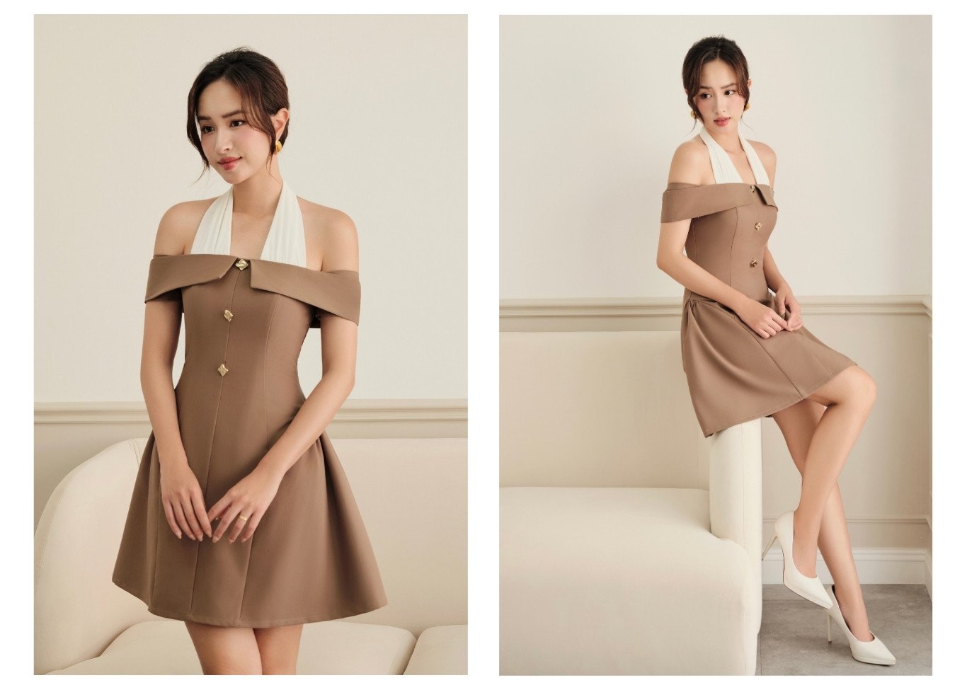 Người mẫu mặc Đầm tiệc ngắn phối dây cổ yếm - D3884B