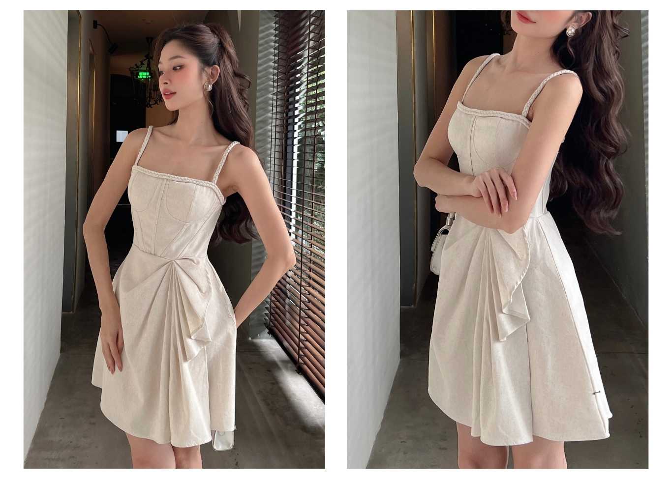 Người mẫu mặc Đầm xòe ngắn phối dây bính - D2467 màu da mộc