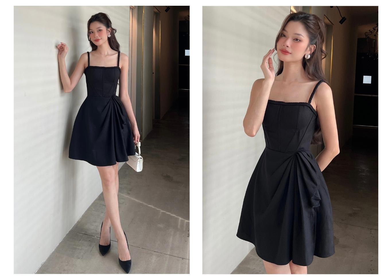 Người mẫu mặc Đầm xòe ngắn phối dây bính - D2467 màu đen