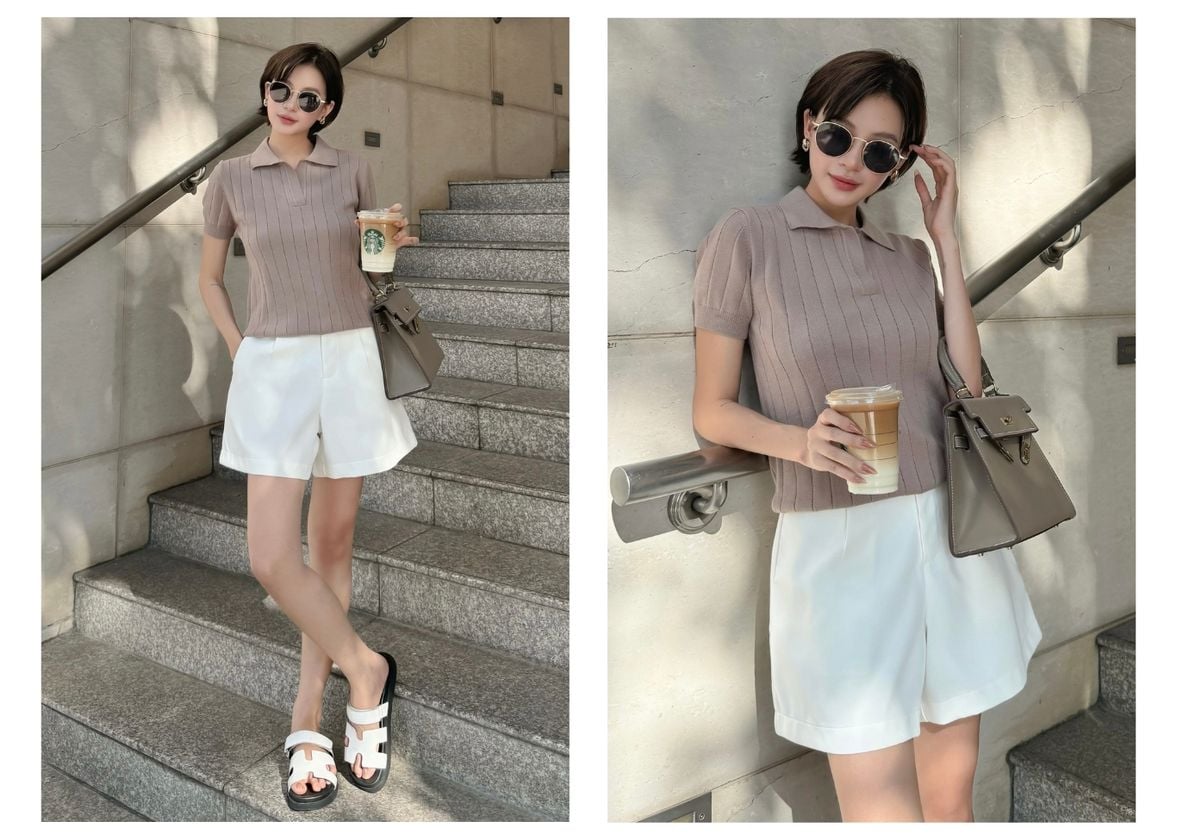 Người mẫu mặc Quần short basic lưng cao - Q3752T