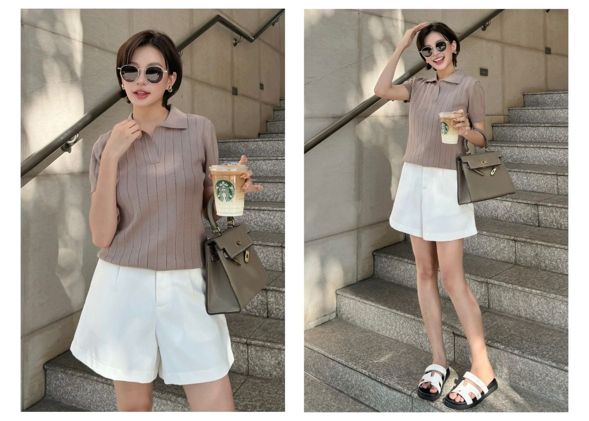 Người mẫu mặc Quần short basic lưng cao - Q3752T