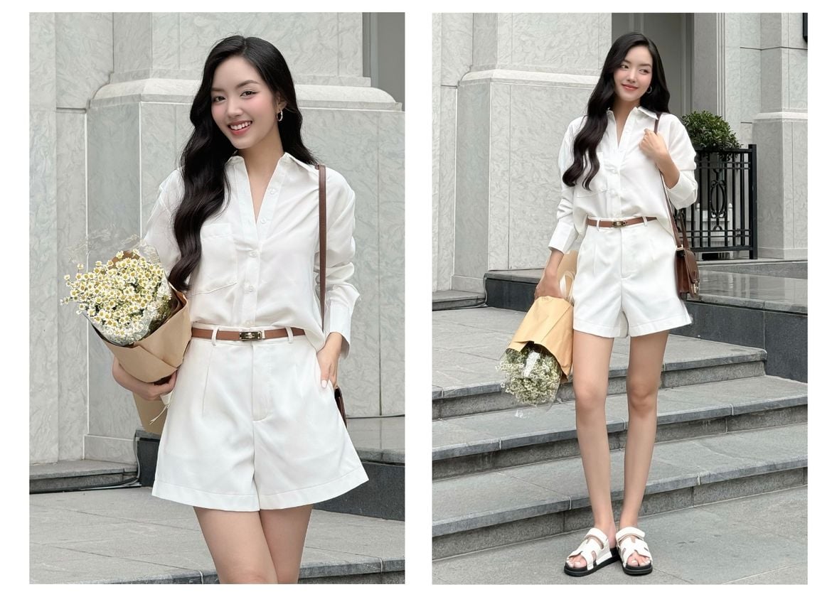 Người mẫu mặc Quần short basic lưng cao - Q3752T