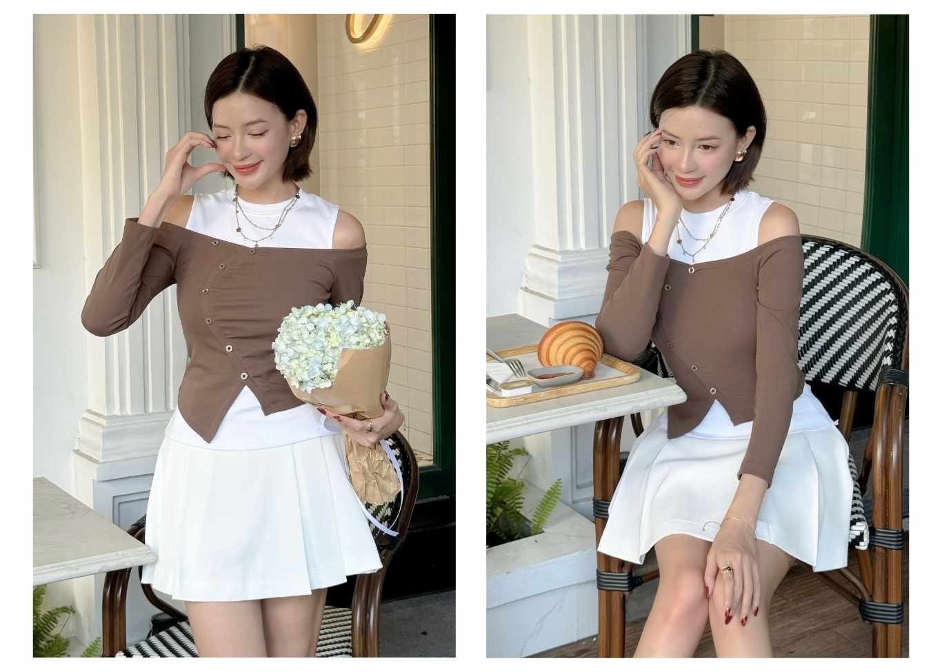 Người mẫu mặc Quần váy ngắn xếp ly có đỉa - V3347 màu trắng