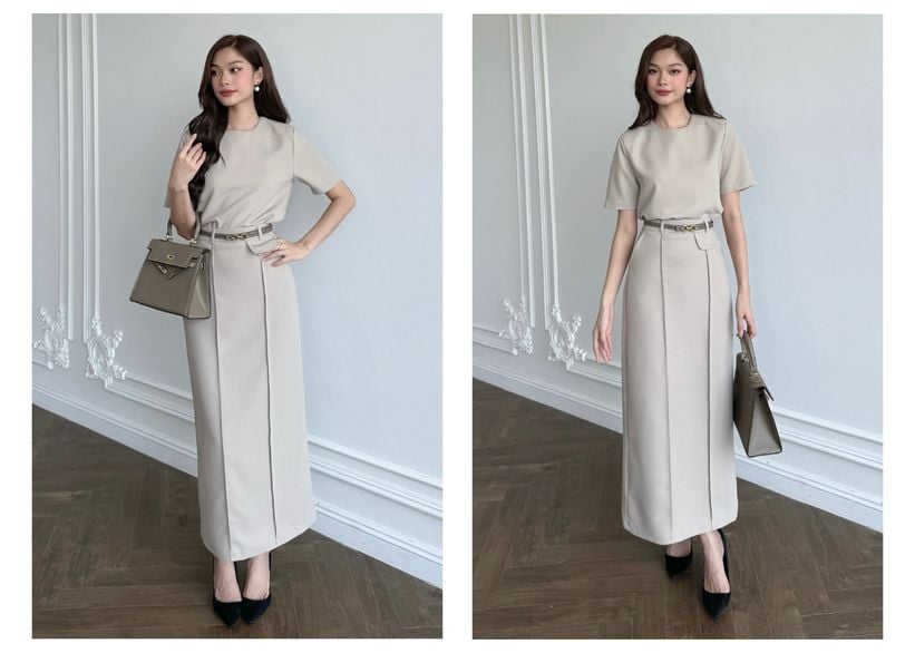 Người mẫu mặc Set áo cổ tròn phối chân váy - K3161