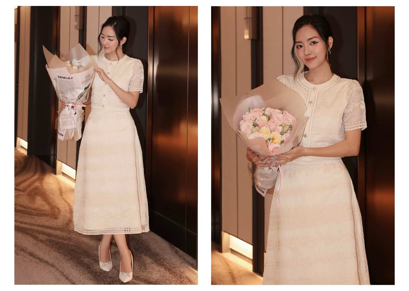 Người mẫu mặc Set áo crop phối chân váy dài - K4203T