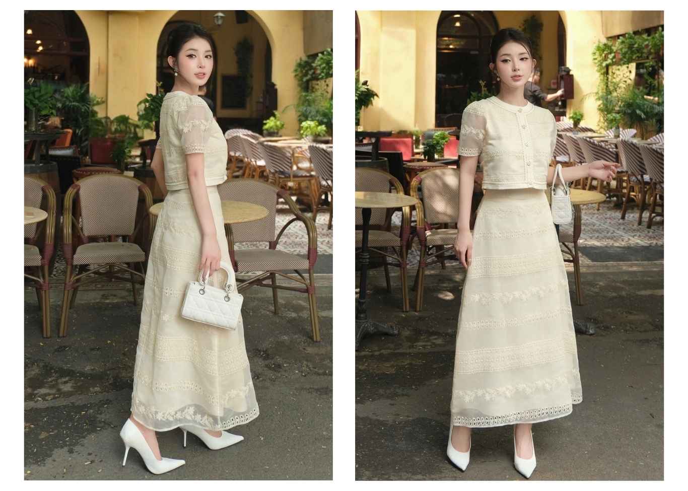 Người mẫu mặc Set áo crop phối chân váy dài - K4203T