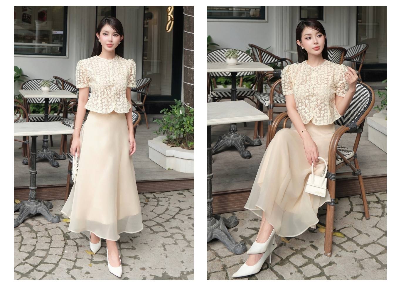 Người mẫu mặc Set áo crop phối chân váy voan - K4270T