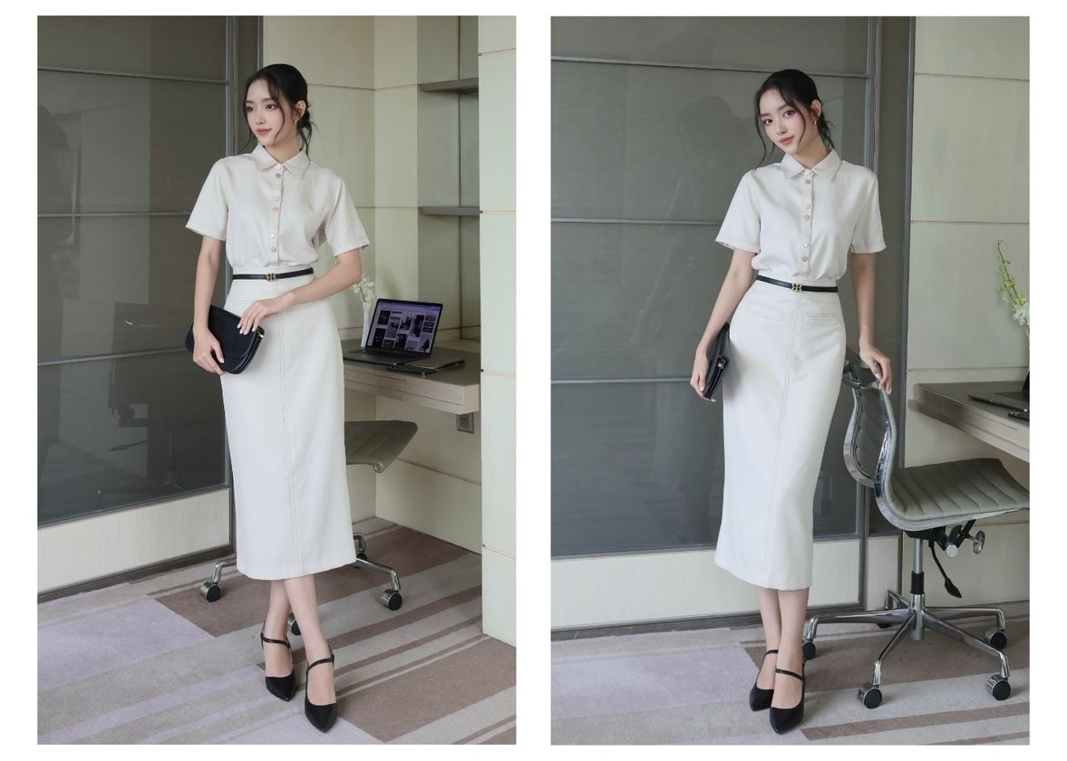 Người mẫu mặc Set áo sơ mi phối chân váy - K3265