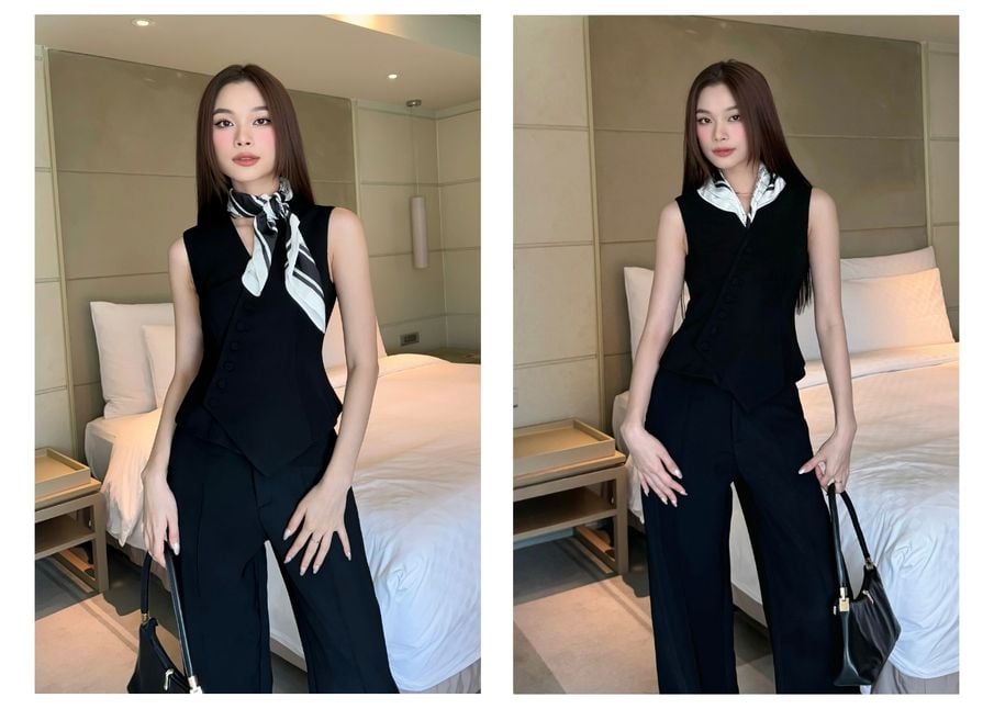 Người mẫu với Áo gile tà xéo phối nút bọc - A3711