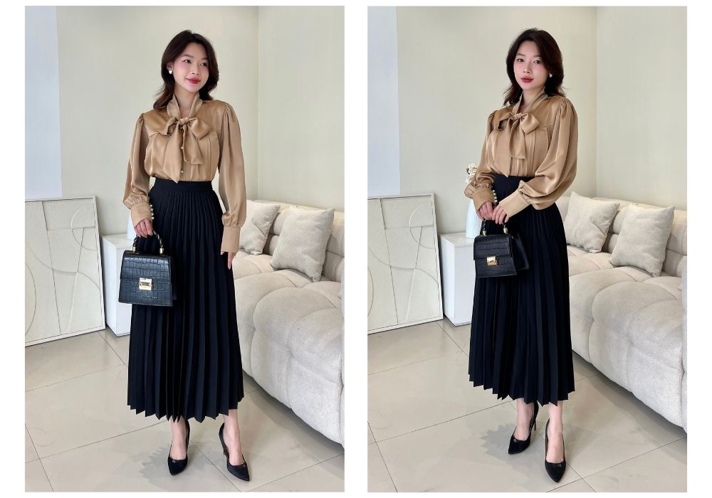 Người mẫu với Chân váy công sở xếp ly - V2146
