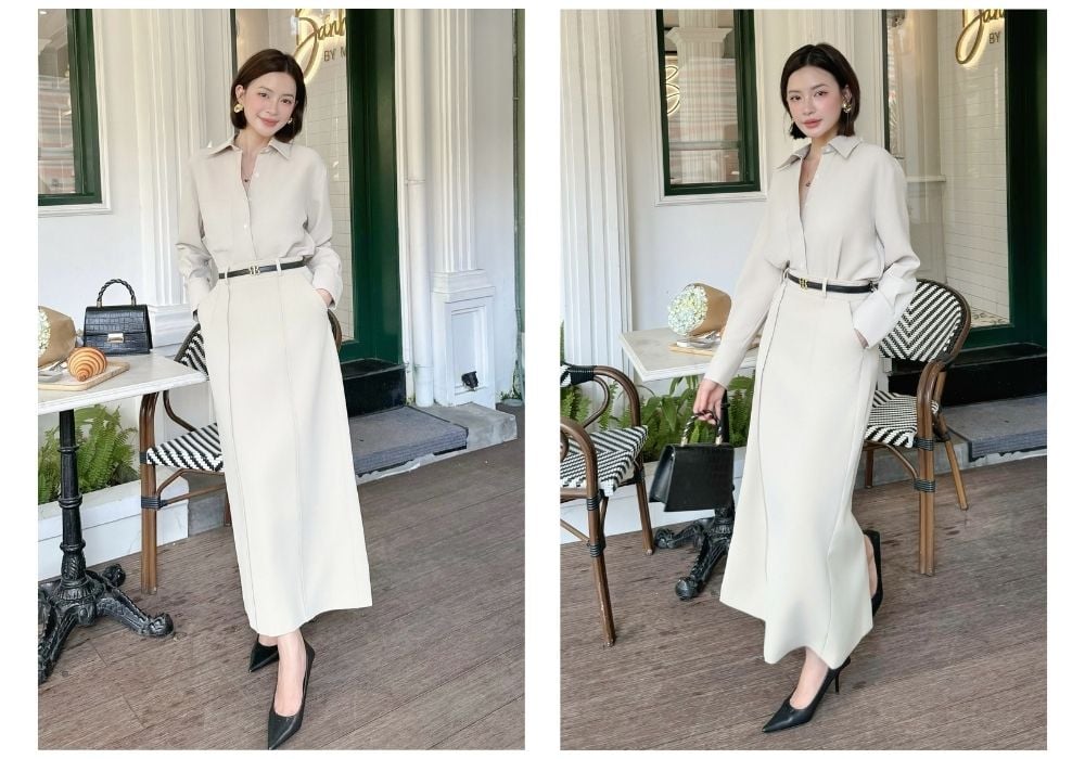 Người mẫu với Chân váy suông công sở form dài - V4018A