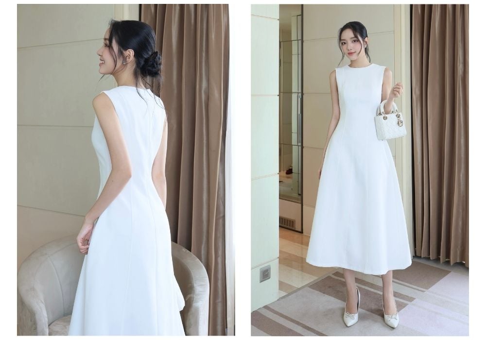 Người mẫu với Đầm dự tiệc dài xòe cổ tròn - D4253A