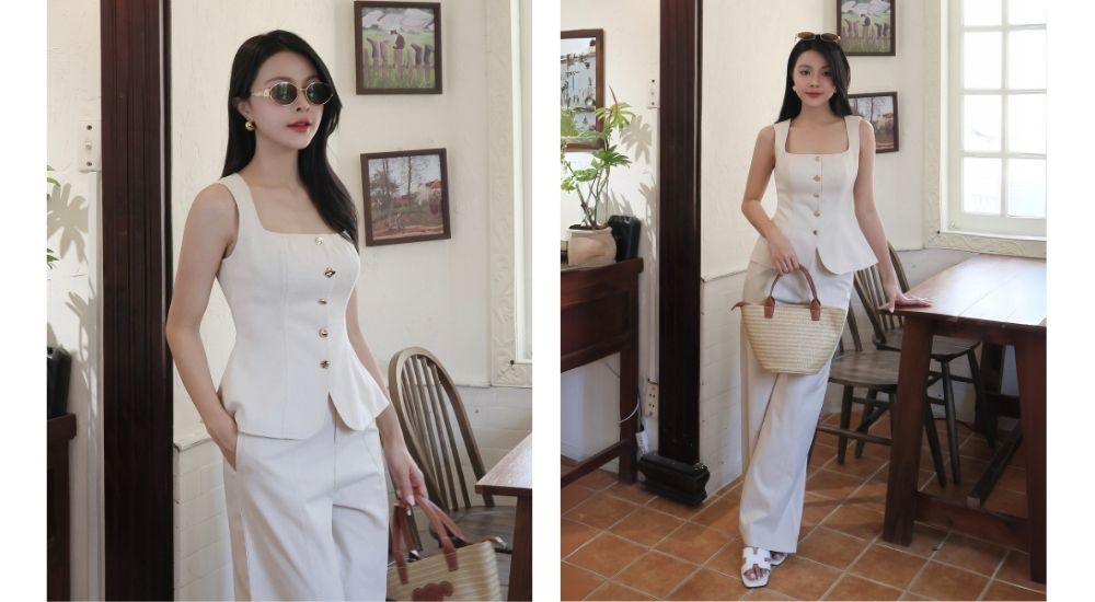 Áo kiểu cổ vuông kết nút kiểu - A4368A