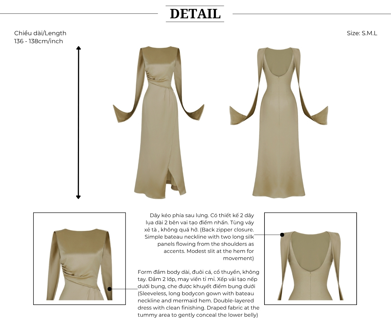 Đầm tiệc lụa dài cổ thuyền đắp tà D4512T - Thiết kế chi tiết