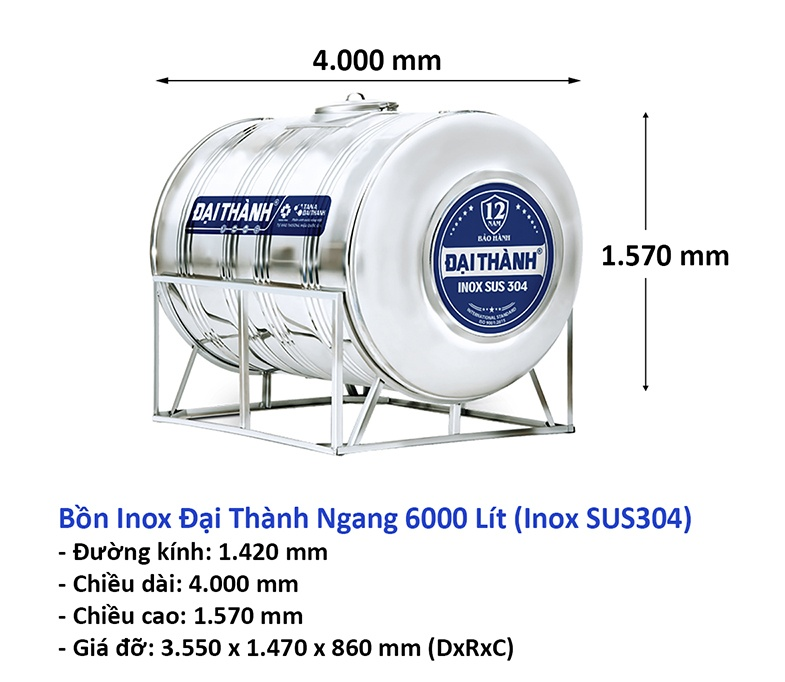 Bồn Inox 6000L Ngang - Phương Nam Water 6