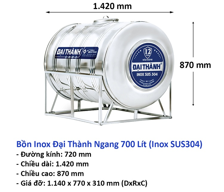 Bồn Inox 700L Ngang - Phương Nam Water 1