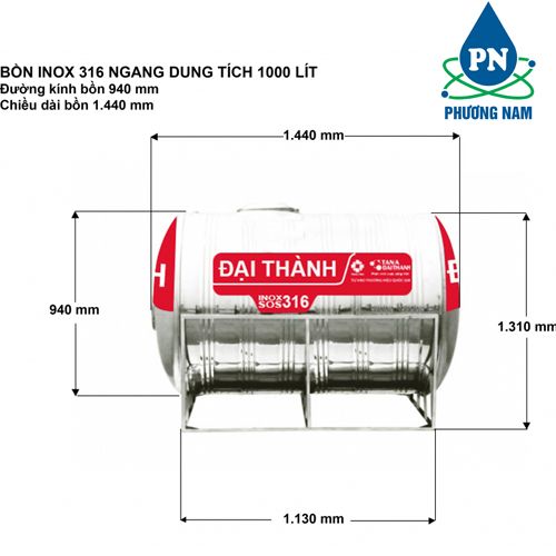 Bồn Nước Inox 1000L SUS 316 Đại Thành Ngang - Phương Nam Water 1