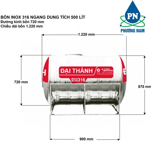 Bồn Nước Inox 500L SUS 316 Đại Thành Ngang - Phương Nam Water 1