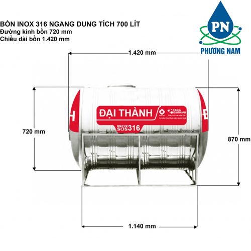 Bồn Nước Inox 700L SUS 316 Đại Thành Ngang - Phương Nam Water 1