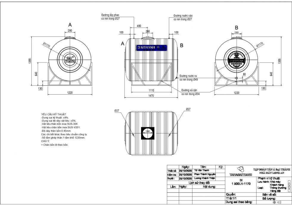 Bồn Nước Inox Ngang 1500L - Phương Nam Water 1