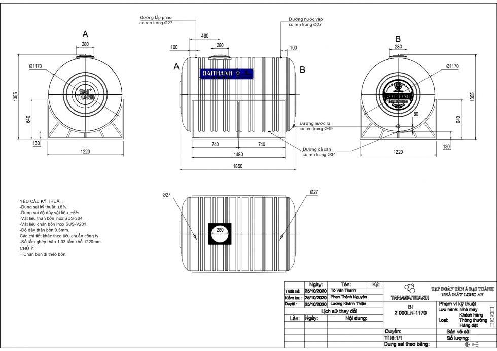 Bồn Nước Inox Ngang 2000L - Phương Nam Water 1