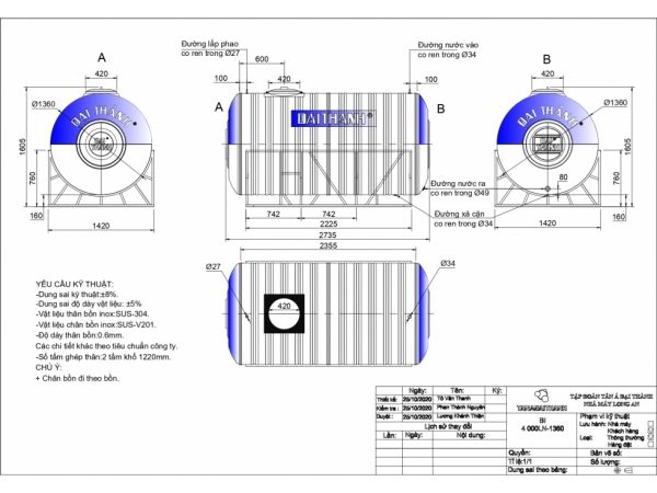 Bồn Nước Inox Ngang 4000L - Phương Nam Water 1