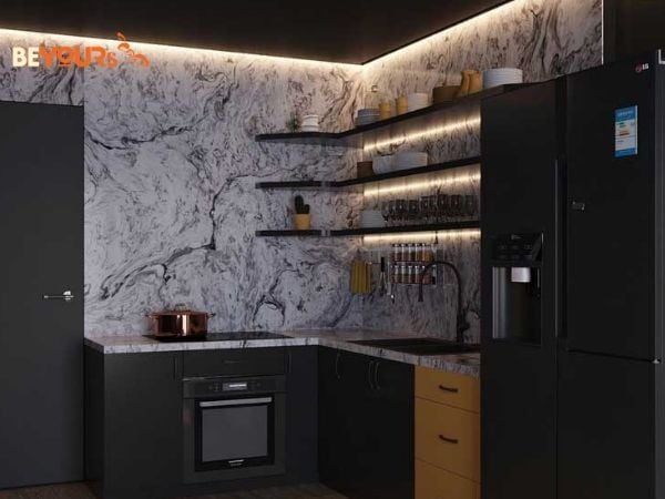 Thiết kế phỏng bếp đơn giản với tone màu đen sang trọng, tường ốp đá thạch anh trắng vân mây