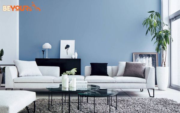 Tường màu xanh chọn sofa màu trắng
