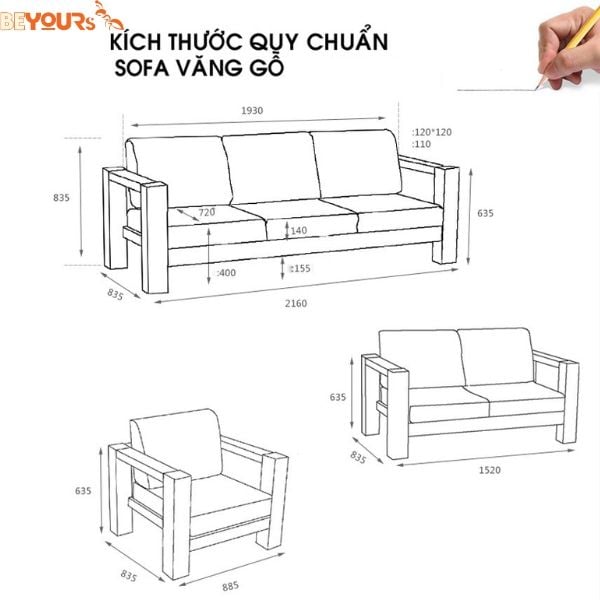 Kích thước sofa gỗ tiêu chuẩn CHÍNH XÁC là bao nhiêu?