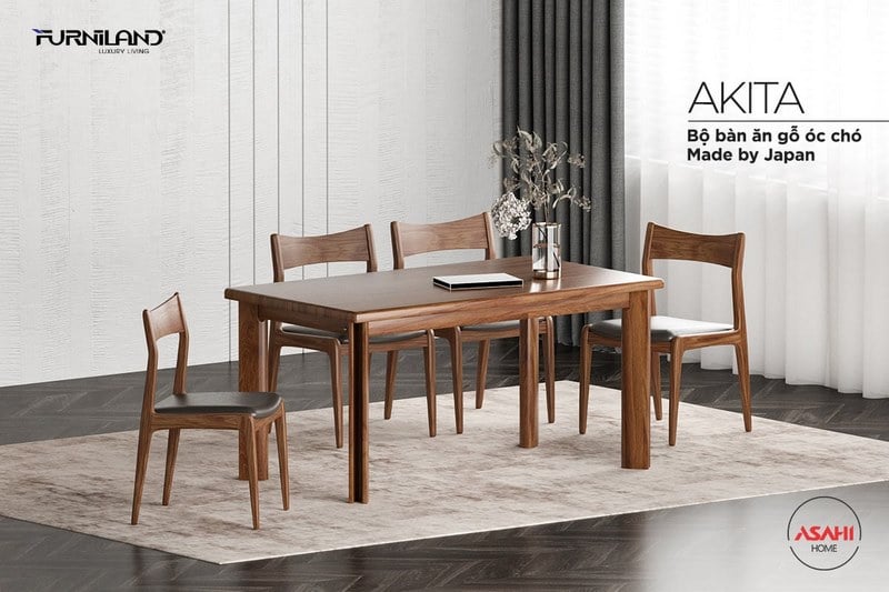 Bộ bàn ăn 4 ghế gỗ óc chó nhập khẩu cao cấp - Akita