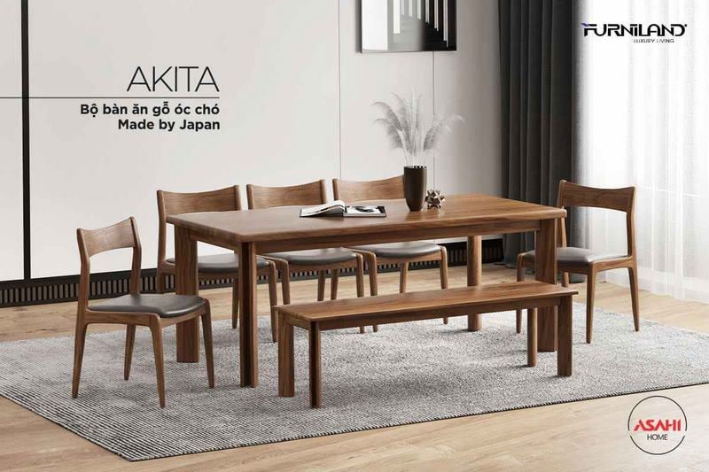 Bộ bàn ăn gỗ óc chó cao cấp kích thước 1m9 kết hợp ghế bench dài với thiết kế sắc sảo trong từng đường nét