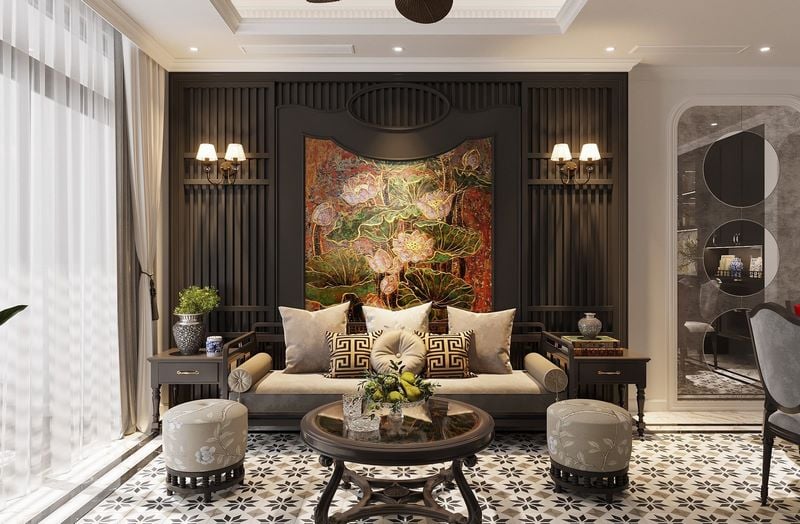 Bộ ghế sofa phong cách Indochine cho phòng khách chung cư