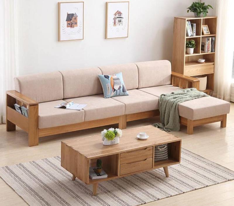 Sofa gỗ cho phòng khách nhỏ góc L có phần đệm bọc vải