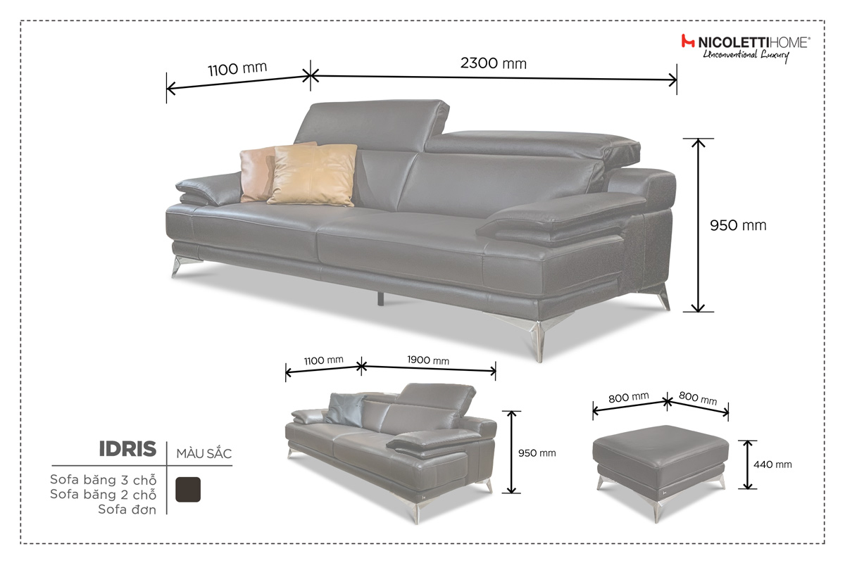 Sofa cao cấp Idris băng - Sofa nhập khẩu Italia - Da thật 100%